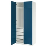 PAX wardrobe: tall blue-white unit, textured doors, drawers, shelves.