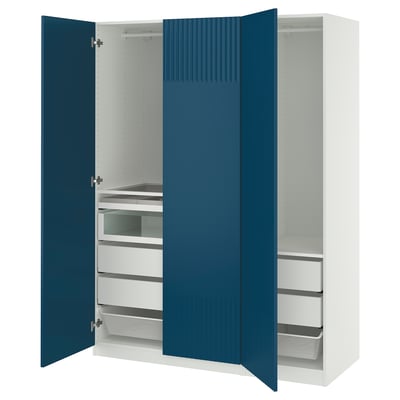 PAX wardrobe: blue doors, white interior, mesh baskets, glass shelves.
