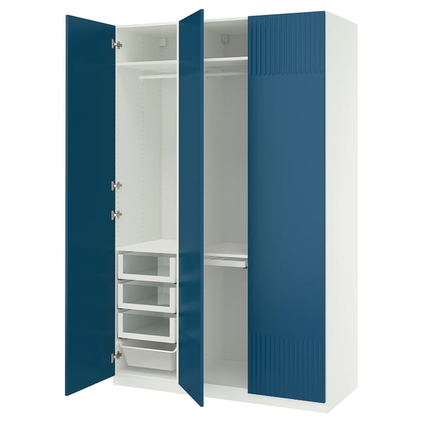 PAX wardrobe, blue & white, open doors, shelves, drawers.
