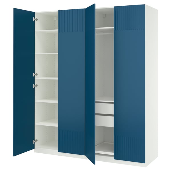 IKEA PAX blue wardrobe with white shelves, open doors.