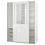 White PAX wardrobe with glass doors, sliding mechanism, mesh basket, and multiple shelves.