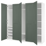 A green PAX wardrobe with shelves and drawers, featuring soft closing doors.