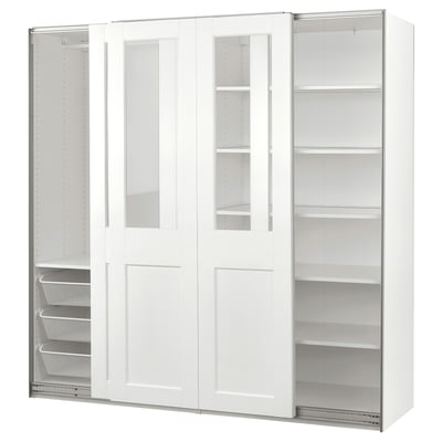This image shows a white PAX wardrobe with glass doors. It adjustable shelves and mesh baskets, made from particleboard and glass.