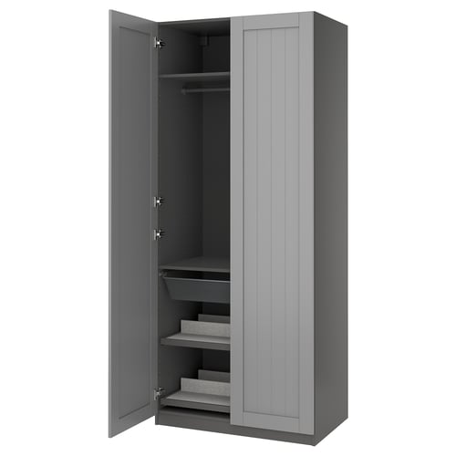 An open grey PAX wardrobe with shelves and a hanging rod.