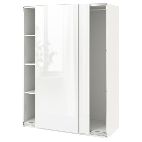 An ikea PAX wardrobe in white with sliding doors. Its minimalist and modern, featuring a sleek design with space-saving sliding doors.