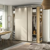 PAX / HASVIK Wardrobe with sliding doors, grey-beige grey-beige/oak effect, 220x66x236 cm