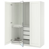 White PAX wardrobe combination, mirrored doors, soft-close hinges, particleboard, rectangular shape.