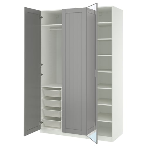 White PAX wardrobe with gray doors and mirrored center, open showing shelves and drawers.
