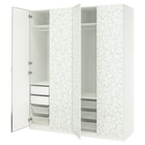 White PAX wardrobe with floral design, mirrored doors, shelves, and drawers, featuring mesh baskets.