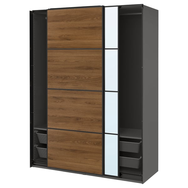 PAX / MEHAMN/AULI Wardrobe with sliding doors, dark grey black/walnut mirror glass, 150x66x201 cm