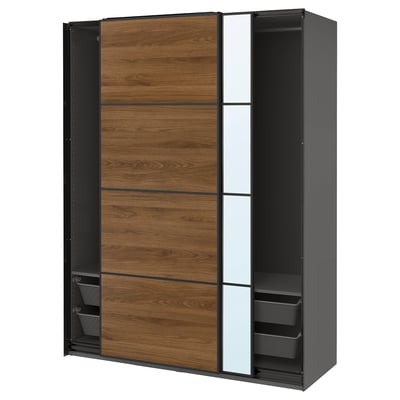 PAX / MEHAMN/AULI Wardrobe with sliding doors, dark grey black/walnut mirror glass, 150x66x201 cm