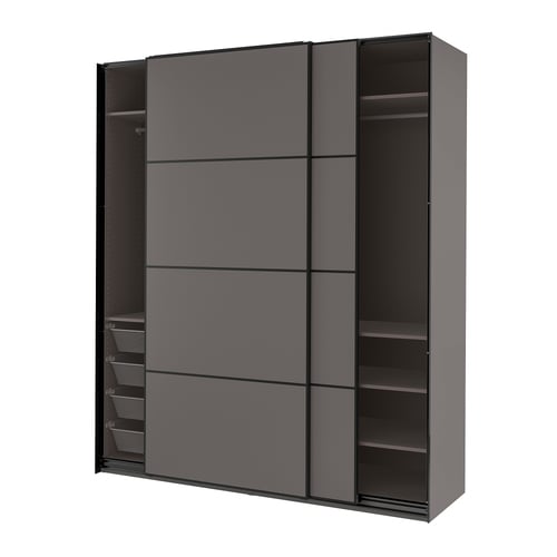Grey wardrobe with mesh baskets & shelves, minimalist design.