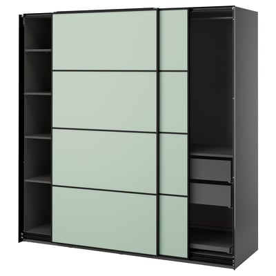 Ikea PAX wardrobe - grey-green, modern sleek design with mirrored glass doors and black framing, featuring shelves and storage solutions.