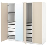 A beige PAX wardrobe with mirrored doors, featuring shelves, drawers, and a pull-out trouser hanger.