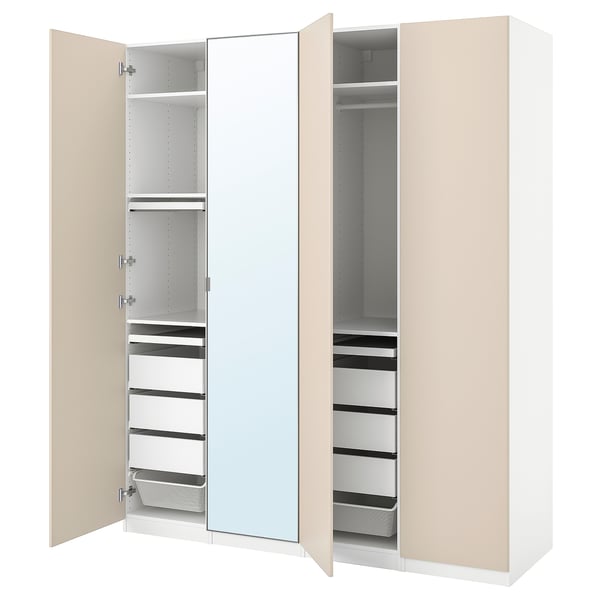 Modern beige PAX wardrobe with adjustable shelves and drawers, mirrored doors.