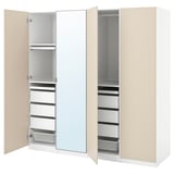 PAX wardrobe: beige, mirrored, metal & glass doors, soft-close drawers, 10-year guarantee.