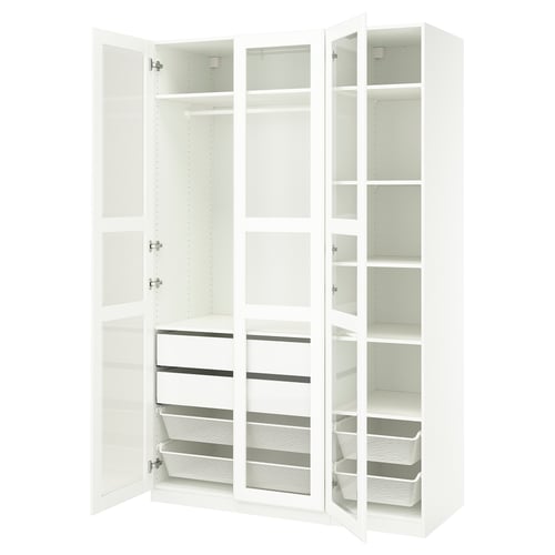 White PAX wardrobe with glass doors. It has shelves and drawers for storage.