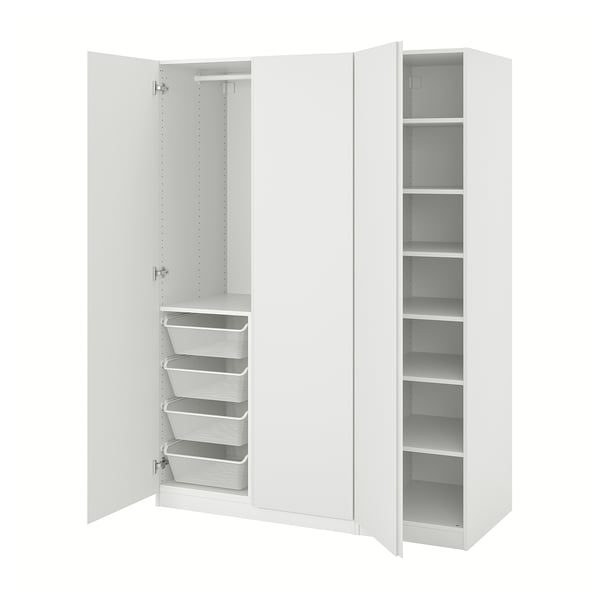 A white PAX wardrobe with open doors revealing multiple shelves and mesh drawers.