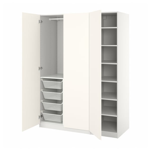 Open white ikea PAX wardrobe with drawers and shelves.