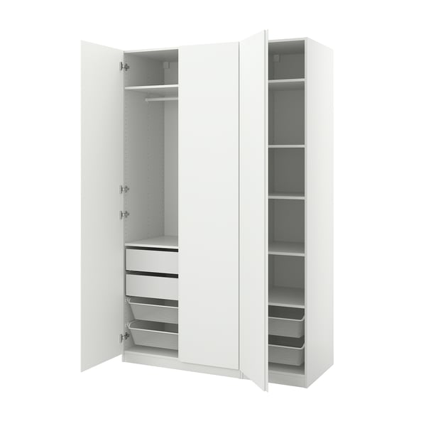 An open white PAX wardrobe with shelves and drawers.