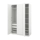 An open white PAX wardrobe with shelves and drawers.