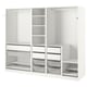 Option: A white PAX wardrobe with shelves, drawers, and metal mesh baskets for organized storage.