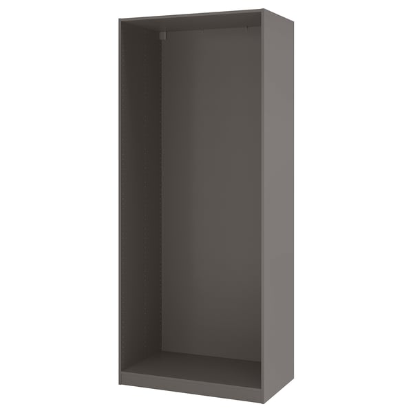 Gray wardrobe frame, no doors, adjustable interior.