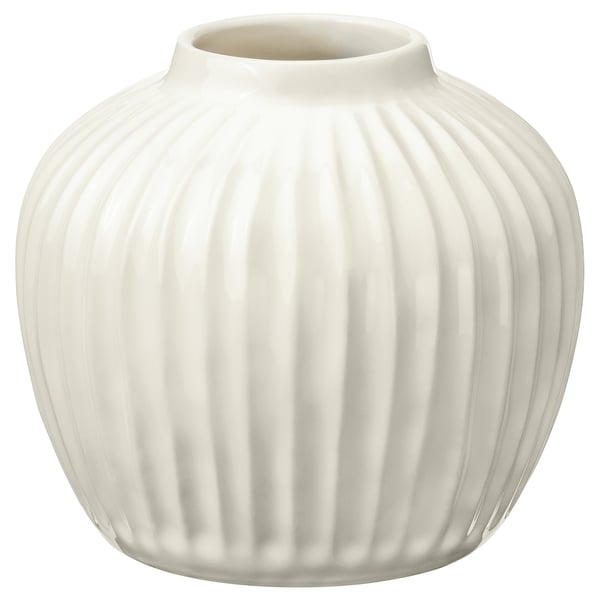 White PELARBJÖRK vase, round, grooved, glazed stoneware.