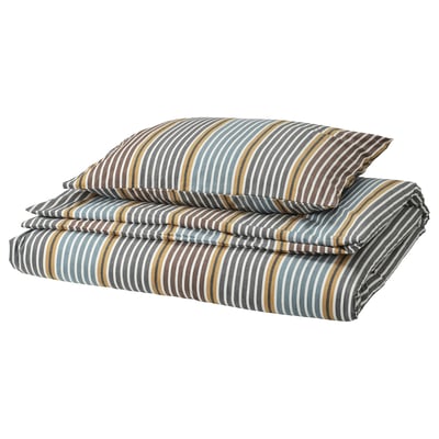 Striped duvet cover set, PIGGRÖR, grey-brown. Soft, 100% cotton, stripes, folded, metal closure.