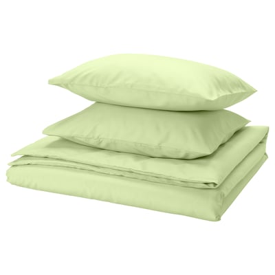 PILTANDVINGE green bed set - 1 flat sheet, 2 pillowcases, light green, polyester & viscose, smooth texture, modern design.