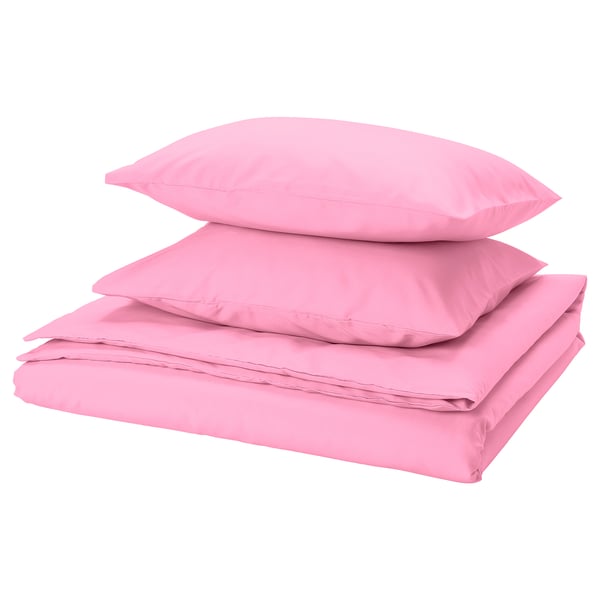 Bright pink bedding set with simple design featuring folded duvet and pillows. Made from recycled polyester and soft viscose for comfort.