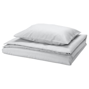 Soft grey PILTANDVINGE bed set, smooth fabric, simplified design.