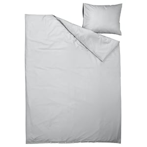 Flat grey bedding set. Includes duvet with button closure and pillowcase. Lightweight, recycled polyester and viscose.