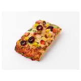 A rectangular pizza slice with a crispy crust, topped with tomato sauce, melted cheese, olives, colorful vegetables, and herbs.