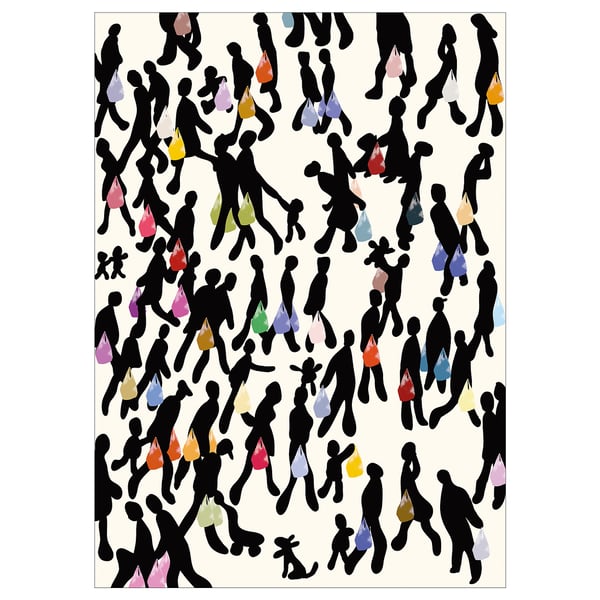 PJÄTTERYD wall art: black silhouettes carrying colorful bags on white canvas.