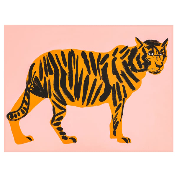 Orange PJÄTTERYD poster with black tiger stripes on light pink background, bordered by a white frame.