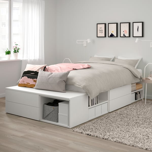 White PLATSA bed with storage, minimalist design, cozy sleep area