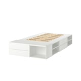 Modern white platform bed with built-in storage and slatted base; excellent for compact spaces.