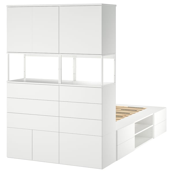 White PLATSA bed with storage, minimalist design, modern furniture.