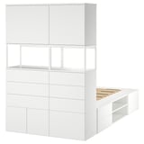 White PLATSA bed with storage, minimalist design, modern furniture.
