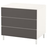 A white and gray PLATSA storage unit with three drawers. The unit stands on four white legs and has a modern, sleek design.