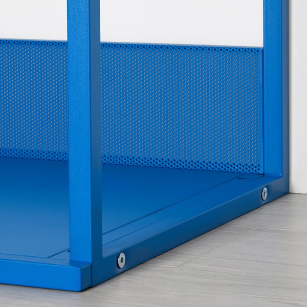 Blue metal shelving unit, modern design. Sturdy steel, powder-coated finish. Perforated panel detail.