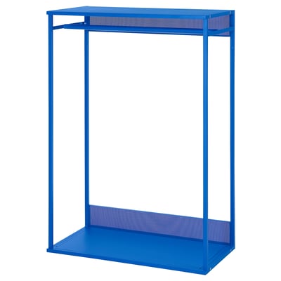 Blue PLATSA open clothes rack with mesh panels, slim steel frame for compact spaces.