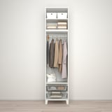 A white PLATSA wardrobe stores clothes on hangers and shelves. It includes storage bins and a bottom wire basket.
