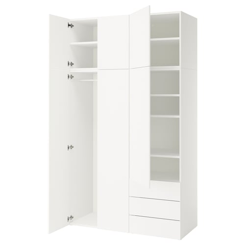 A white PLATSA wardrobe with open doors, revealing shelves and a hanging rod.