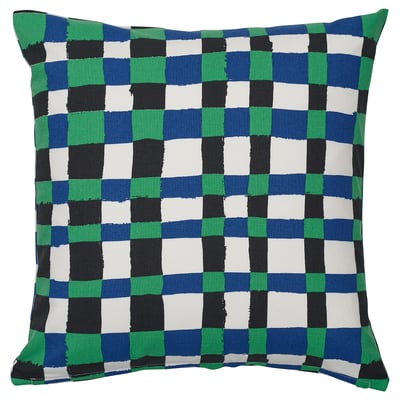 The platlummer square throw pillow has a colorful checkered design in blue, green, black, and white on cotton fabric.