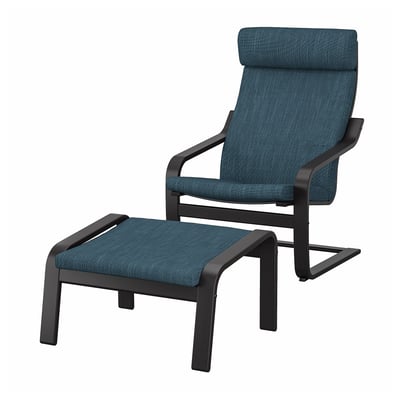 Modern recliner in blue tweed with black metal frame and matching footstool.