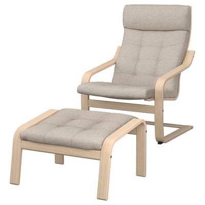 POÄNG armchair & footstool - light wood, grey cushions