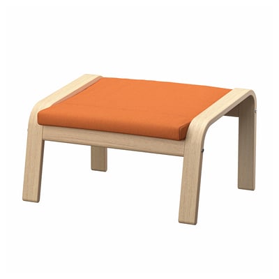 Orange cushioned footstool on light wood frame, rectangular shape, modern design.
