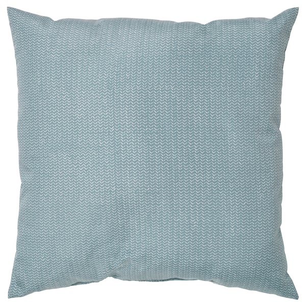 Square grey-blue cushioned cover with zigzag pattern.
